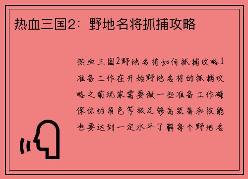 热血三国2：野地名将抓捕攻略